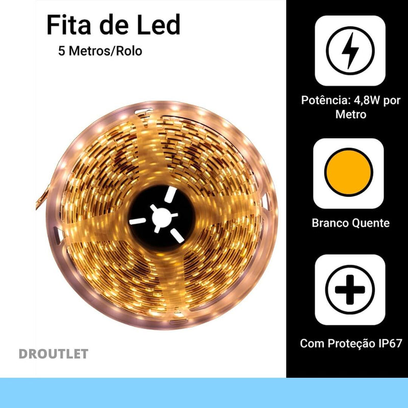 Fita Led 5 Metros Cor Quente 3000k + Fonte 12v